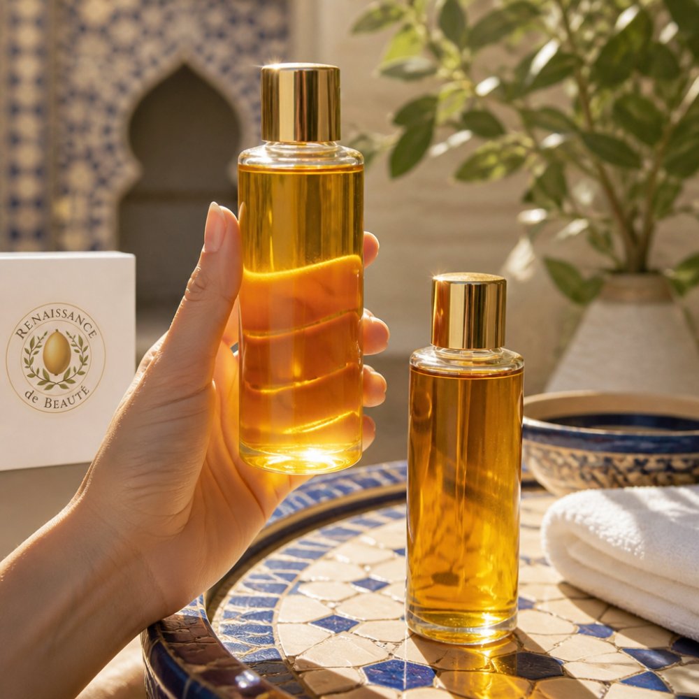 Close-up of a hand holding a glass bottle of golden-amber argan oil up to natural sunlight, showing the translucent clarity and rich color, with a second bottle beside it displaying deeper golden tones for comparison