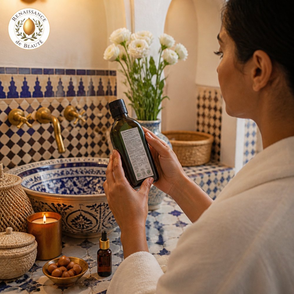 Hands holding a dark glass bottle of argan oil, examining the ingredient label closely, with organic certification badges and traditional seals visible on the front of the bottle under warm indoor lighting