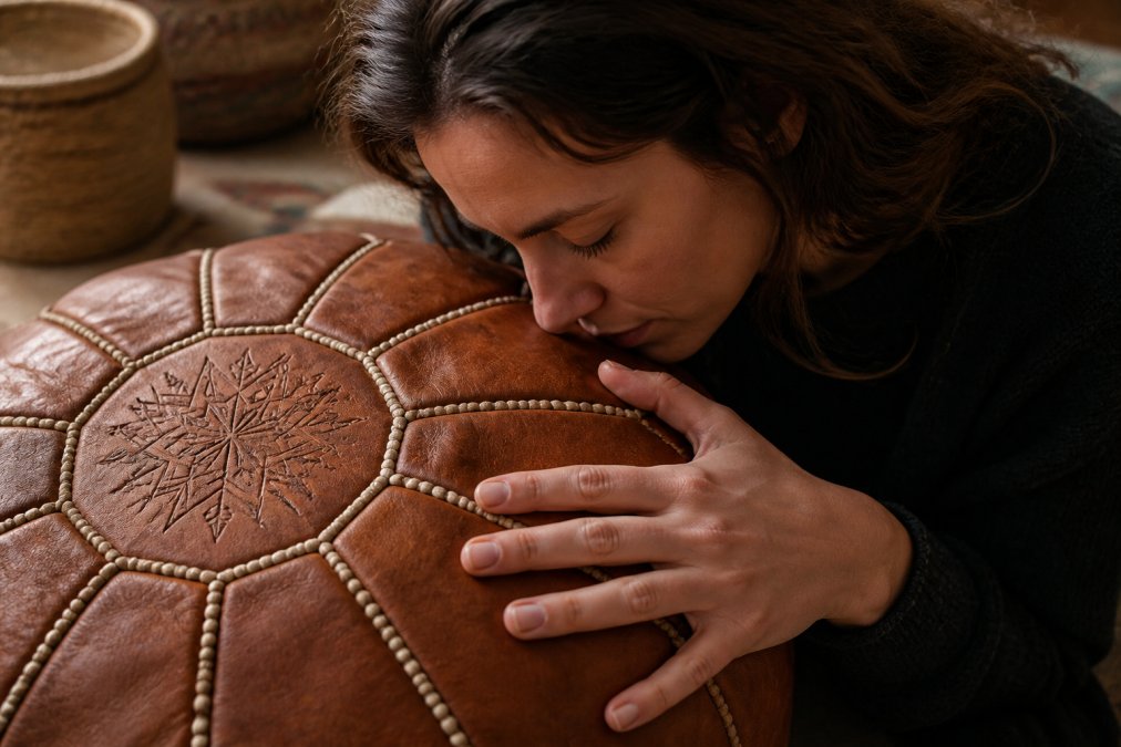 Close-up of hands gently pressing and smelling a piece of genuine Moroccan leather pouf, showing texture and natural grain under warm indoor light