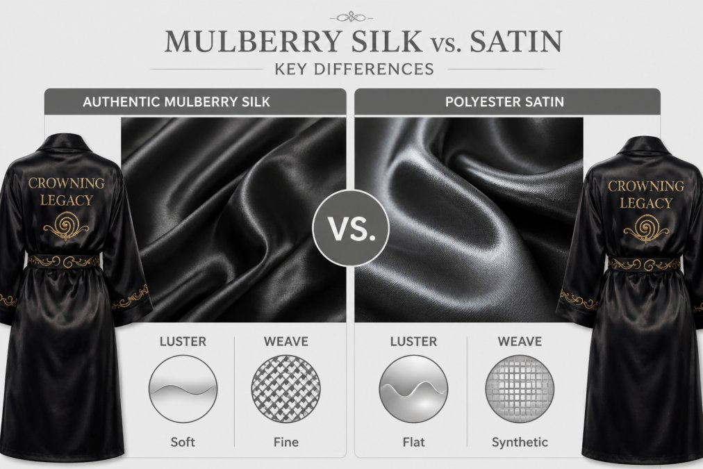 Two fabric swatches draped side by side in natural light, authentic mulberry silk on the left showing soft, integrated luster and fine weave texture, polyester satin on the right showing flat, plastic-like sheen and visible synthetic structure