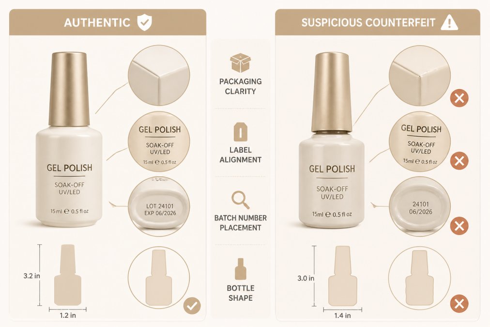 Professional comparing authentic gel polish bottle with suspicious counterfeit side by side, showing packaging clarity, label alignment, batch number placement, and bottle shape differences on white background