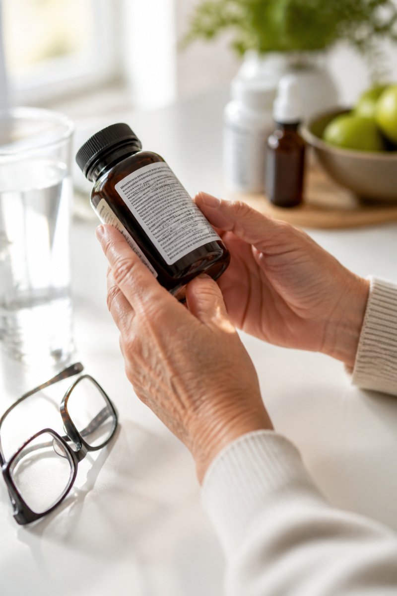 Close-up of a person's hands holding a supplement bottle, examining the back label carefully under warm natural lighting on a clean white countertop, with reading glasses nearby