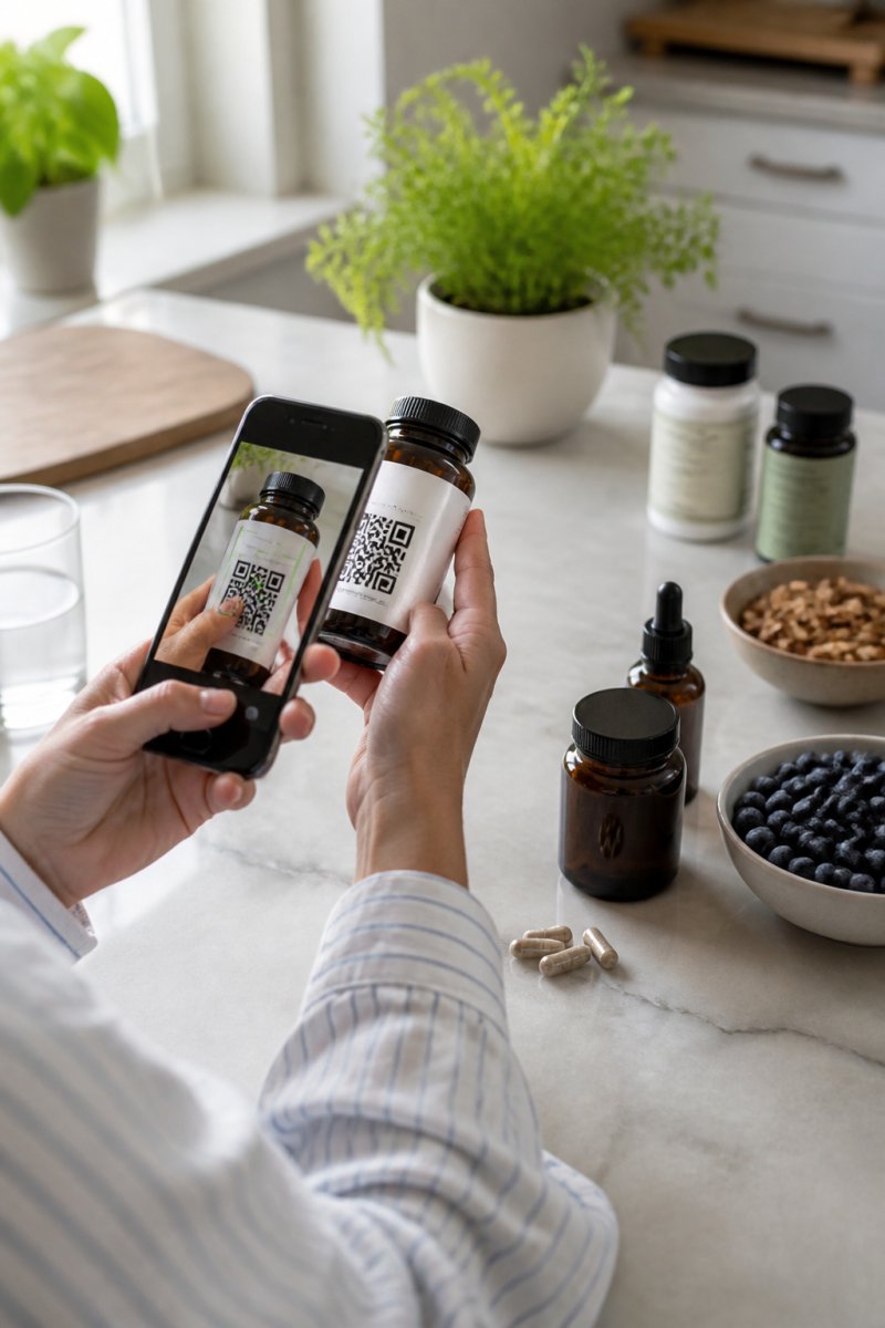 Person using a smartphone to scan a QR code on the back of a natural supplement bottle, sitting at a bright kitchen table with other wellness products arranged nearby, warm afternoon light