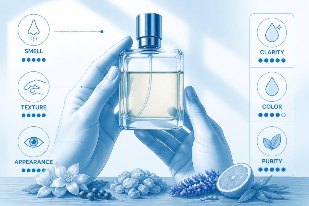 Close-up of hands holding a niche fragrance bottle against natural light, showing clarity and color of the liquid inside, with subtle background of botanical ingredients visible on a wooden surface