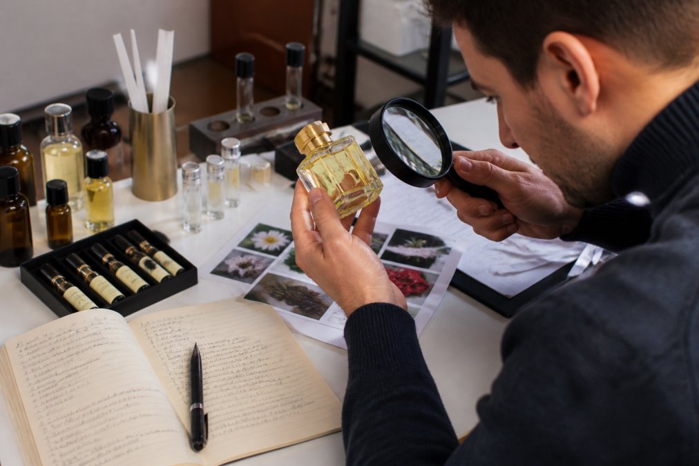 Luxury fragrance enthusiast examining a fragrance bottle with a magnifying glass and consulting verification documentation on a tablet, organized workspace with ingredient references and testing notes