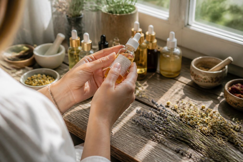 Close-up of a woman's hands holding a small glass skincare bottle, turning it to read the ingredient list carefully in warm natural window light, with dried chamomile flowers and a sprig of lavender resting on a worn wooden surface beside her