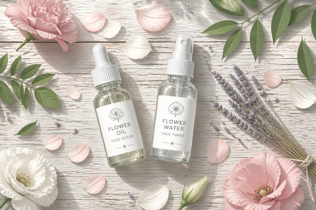 Flat lay of two small glass skincare bottles, a face serum and a toner, arranged on a weathered farmhouse wooden table surrounded by fresh pink and white flower petals, green leaves, and a sprig of dried lavender, photographed in warm late-afternoon natural light