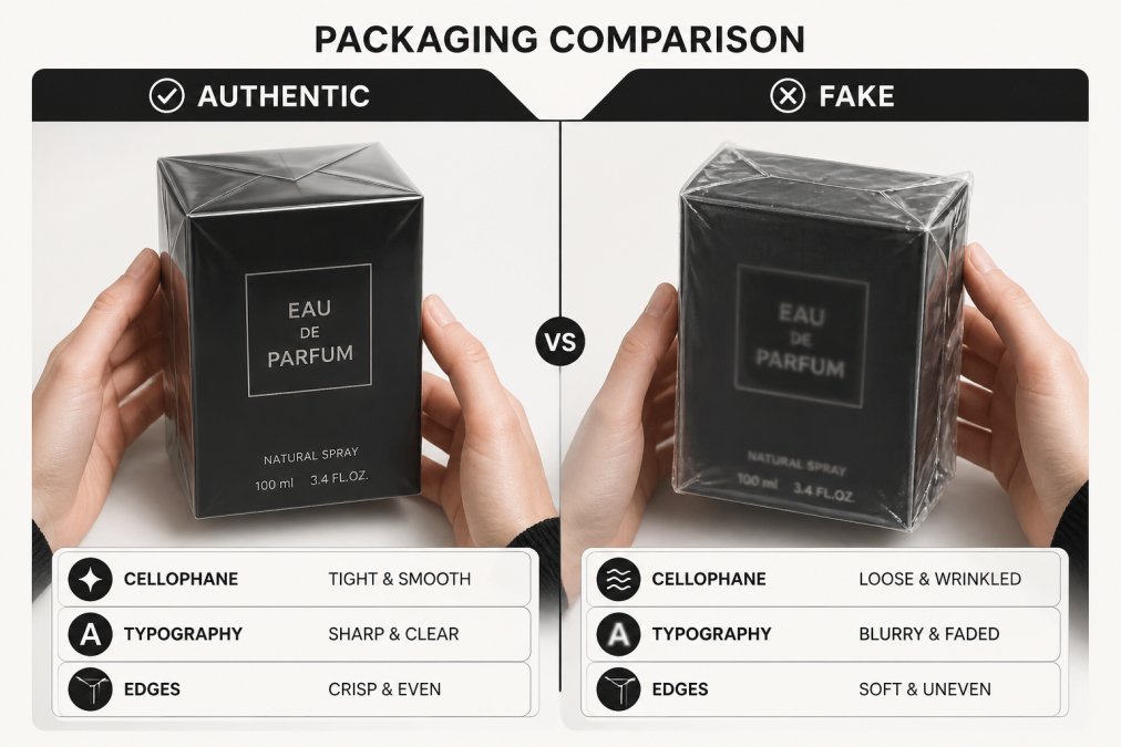 Close-up of hands comparing two perfume boxes side by side, one with crisp cellophane and sharp typography, the other with loose wrapping and blurry font, on a clean white table