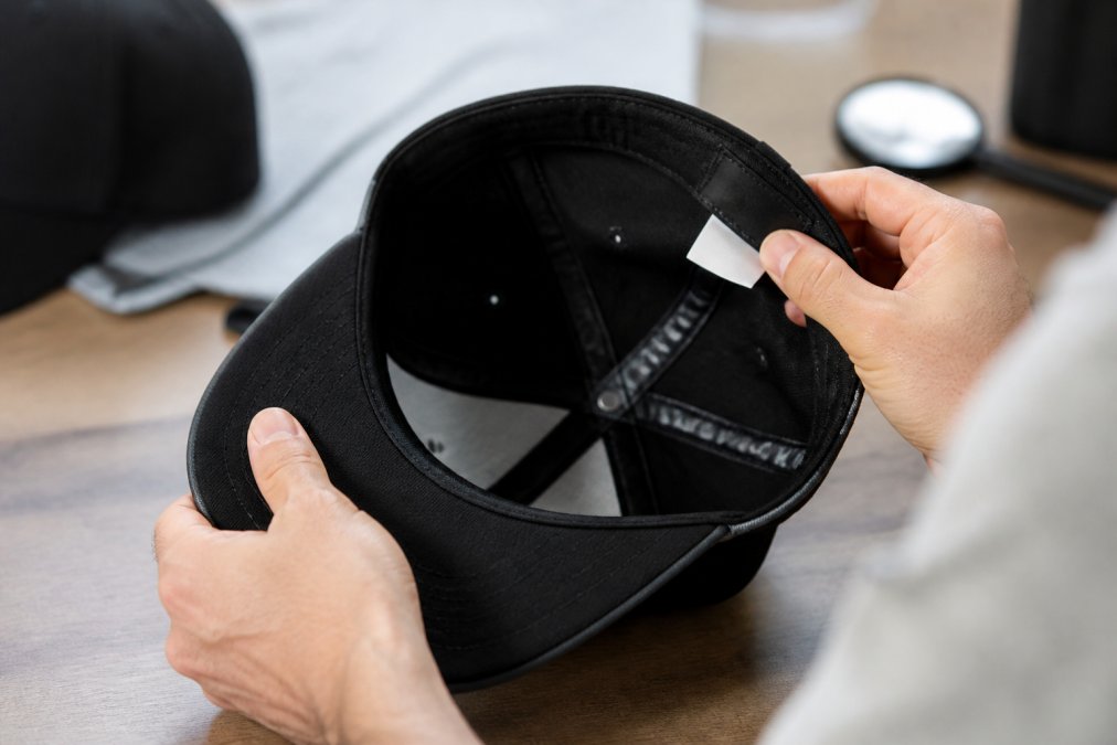 Close-up of hands examining the interior tags and stitching of a black New Era fitted baseball cap under bright lighting
