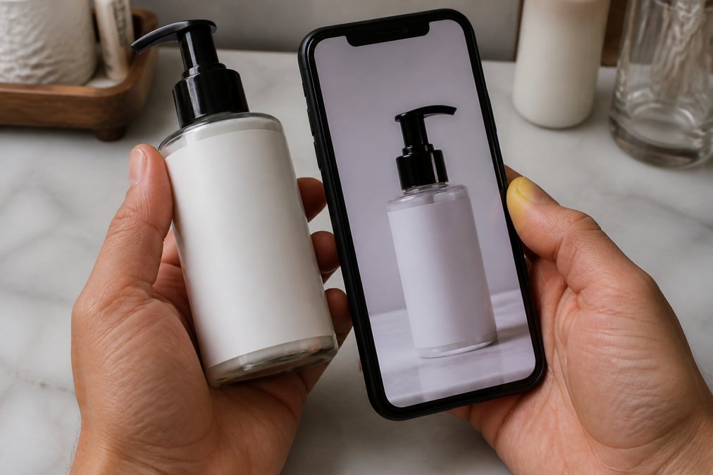 Close-up of hands holding a skincare bottle and comparing its label print quality against a smartphone image of the authentic product