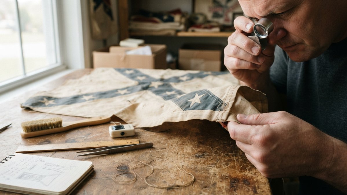 Hands examining a vintage Confederate flag closely, inspecting stitching details, embroidery quality, and fabric weave under natural light