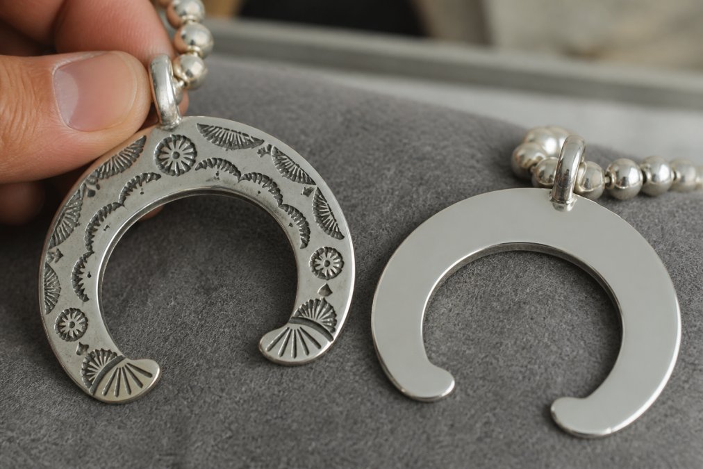 Close-up macro photograph of a hand-stamped sterling silver squash blossom pendant showing subtle uneven tool marks and darkened oxidation in the recessed stamping, resting on a soft grey felt pad beside a smooth, brightly polished machine-made pendant for contrast