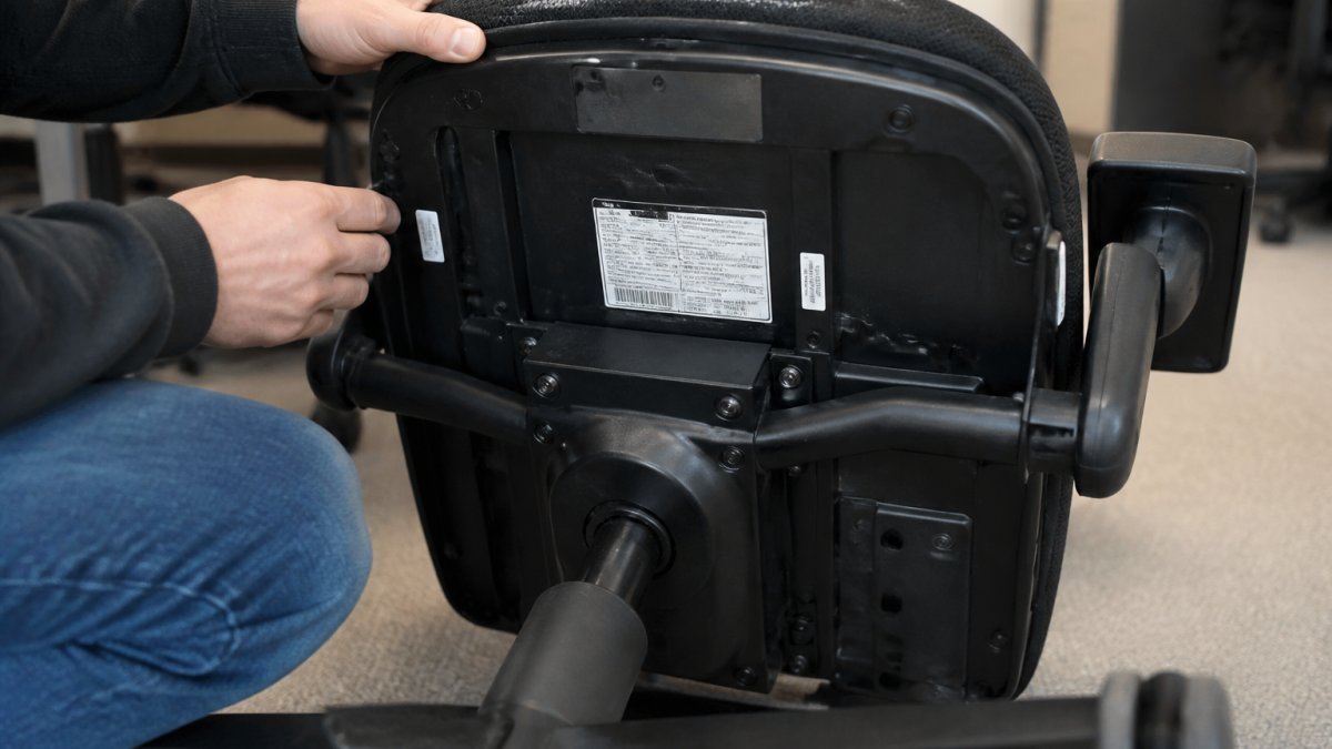 Hands tilting an office chair to reveal the serial number label on authentic Steelcase chairs