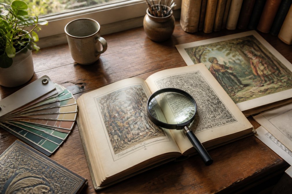 Magnifying glass on a vintage storybook illustration with art supplies on a desk under warm natural light