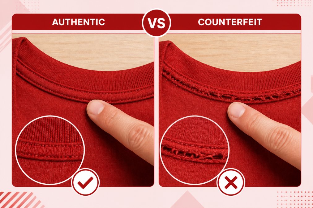 Close-up of two t-shirts laid flat side by side on a light wooden surface, one showing tight, even stitching along the collar seam and one showing loose, uneven thread with visible gaps, a person's finger pointing to the seam difference under bright overhead lighting