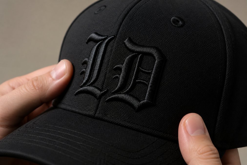 Extreme close-up of a structured black snapback hat showing crisp high-quality embroidered lettering with clean thread ends, tight stitch density, and no fraying, held in a person's hands under warm directional lighting against a neutral background