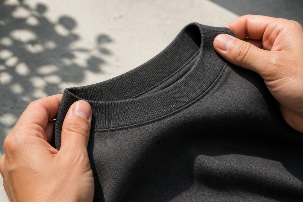 Close-up of hands stretching the collar of a heavyweight t-shirt to show its dense weave and structural integrity under bright natural light