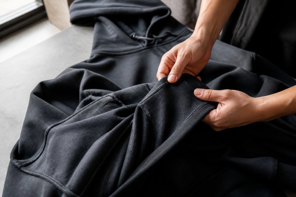 Hands inspecting hoodie seams and texture to identify authentic streetwear fabrics under natural window light
