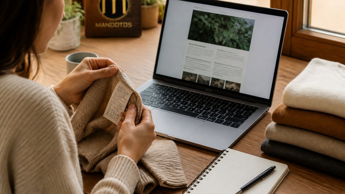 A shopper at a wooden desk comparing a clothing care label against a brand's published sustainability report on a laptop, notebook and pen beside the keyboard, soft window light