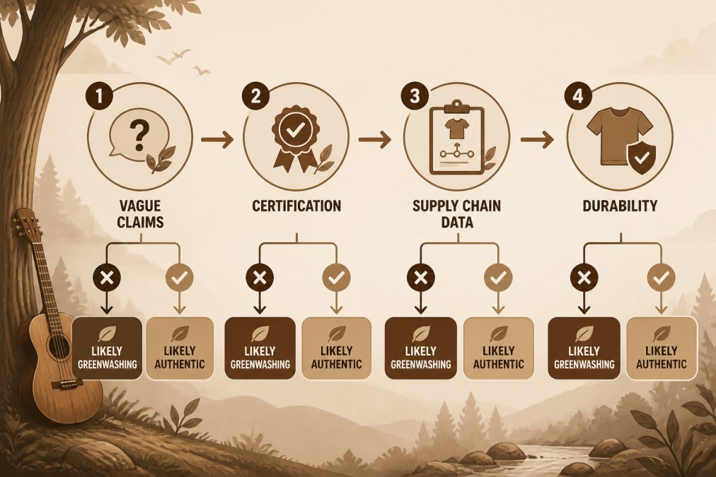 Flowchart of a 4-step verification process: 1. Check for vague claims, 2. Look for certification, 3. Verify supply chain data, 4. Assess durability. Each step leads to a 'Likely Greenwashing' or 'Likely Authentic' outcome