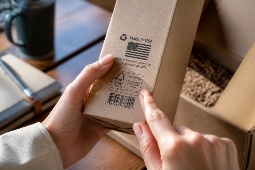 Close-up of hands examining product label and packaging details on a personalized gift item, with natural lighting showing text and certification marks clearly visible