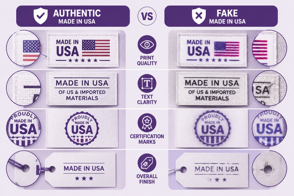 Side-by-side comparison of authentic and counterfeit product labels, showing genuine certification marks and professional printing versus blurry or poorly printed fake versions