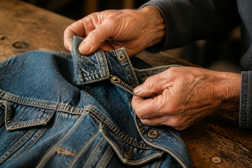 Close-up of weathered hands examining the stitching and brass zipper of a vintage denim jacket on a wooden workbench, warm workshop lighting