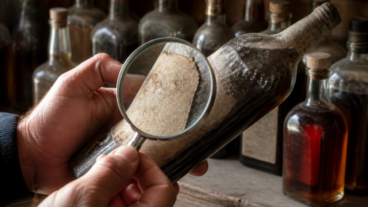 Close-up of a collector's hands using a magnifying glass to examine the paper texture and ink of an old bourbon label on a dusty bottle, with other vintage bottles blurred in the background on a wooden shelf
