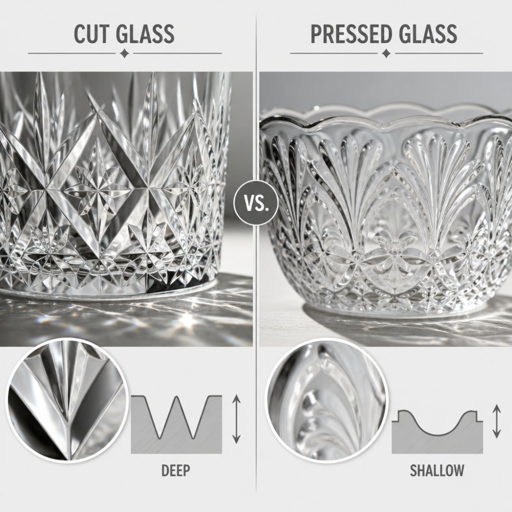 Diagram comparing sharp cut glass and molded pressed glass to help identify authentic vintage crystal patterns.