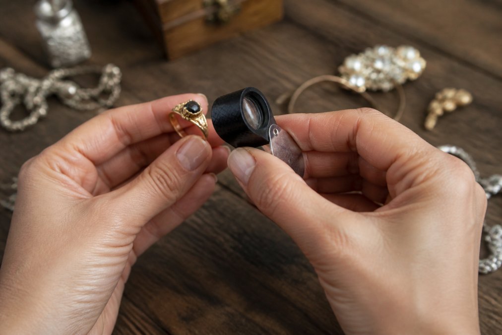 Close-up of hands holding a vintage gold ring and a jeweler's loupe, examining the piece in soft natural light on a wooden table