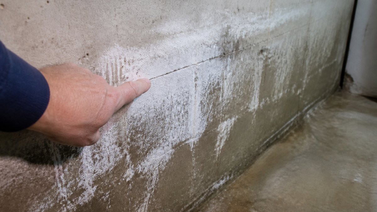 Close-up of a homeowner's hand pointing to white efflorescence and mineral deposits on a basement concrete wall, with visible moisture stains and a small horizontal crack in the foundation