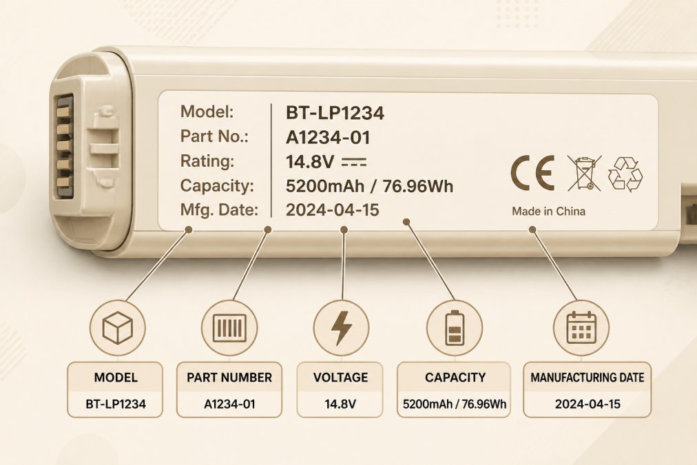 Close-up of a battery with visible label showing model number, part number, voltage (V), capacity (Ah), and manufacturing date clearly legible