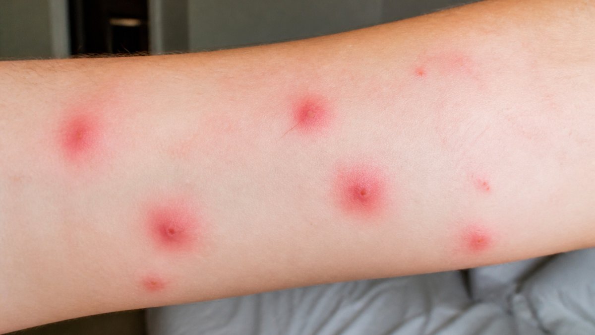 Close-up of bed bug bites on light skin showing raised red welts with darker centers on an arm, with clear visibility of bite patterns and inflammation
