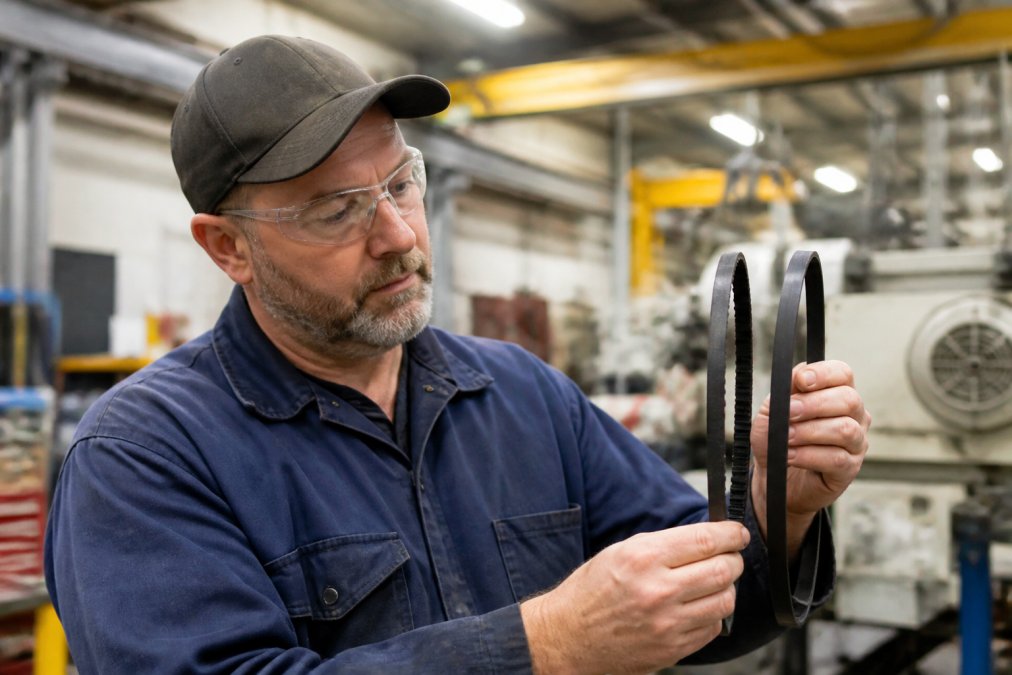 A maintenance technician in a manufacturing facility holding two V-belts side by side to compare profiles and widths under overhead industrial lighting, with machinery visible in the background