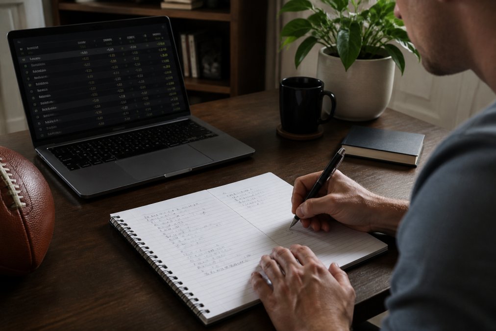 A person at a desk with a laptop showing sports betting odds, a notebook with handwritten calculations, and a coffee cup nearby in a home office setting
