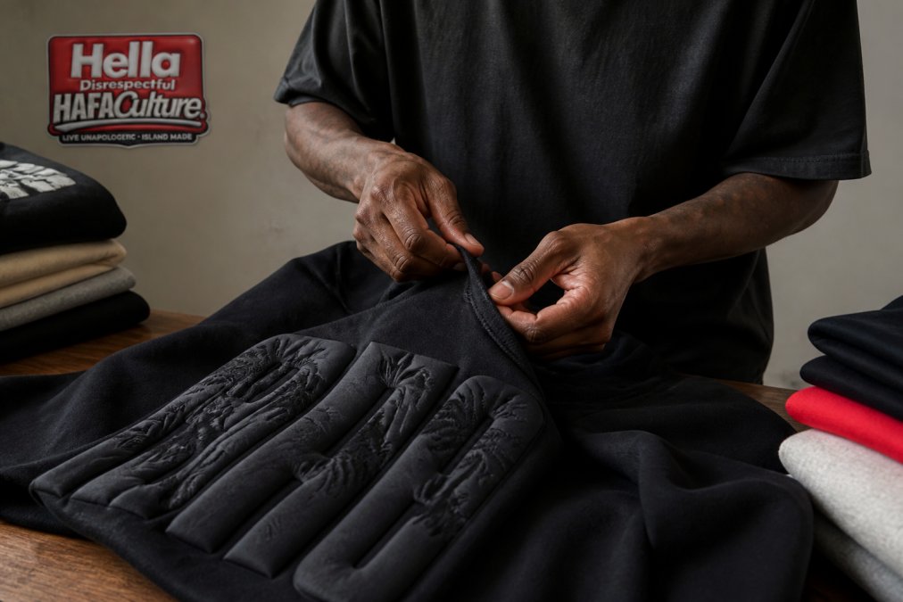 Hands examining the quality stitching and puff-print texture of a bold streetwear graphic t-shirt.