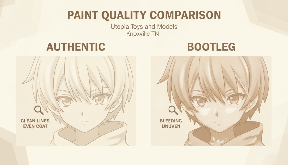 Close-up macro photography comparing paint application on two anime figures side-by-side, one with clean, even paint lines and one with visible bleeding, sloppy edges, and uneven coverage