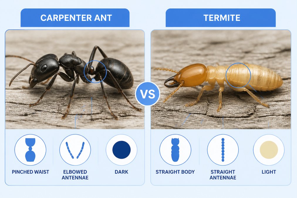 Close-up photograph of a carpenter ant and a termite side by side on a weathered wooden surface, showing the pinched waist of the ant and the straight body of the termite under natural light