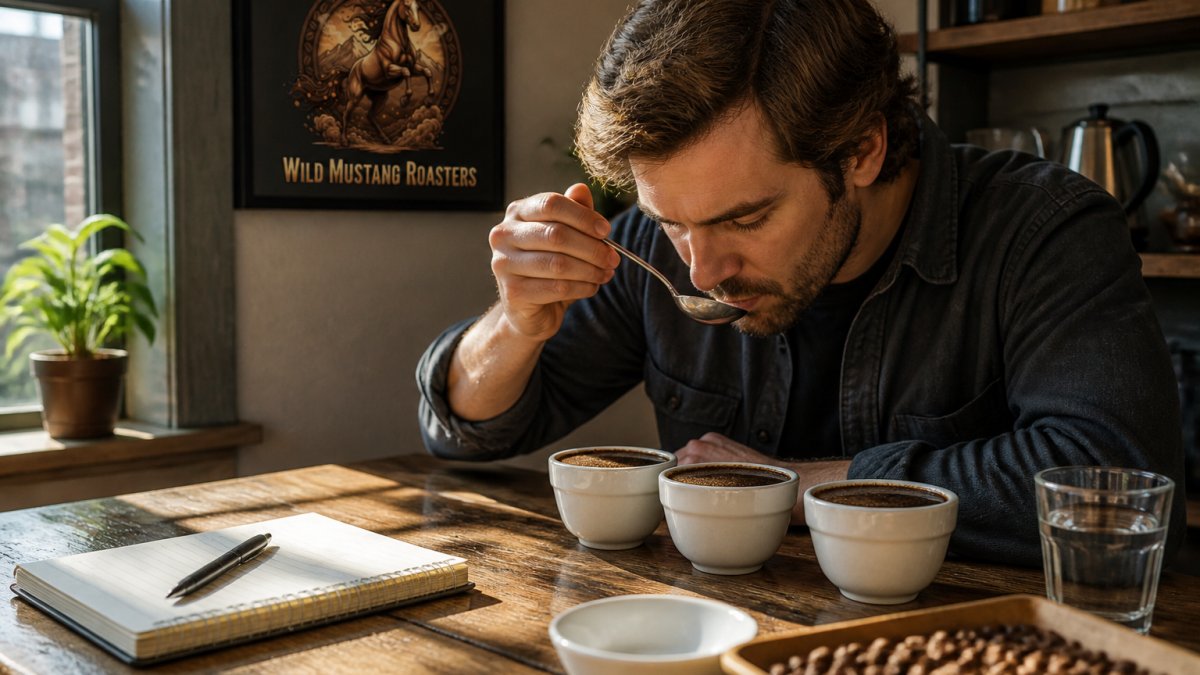 A person sitting at a wooden table with three coffee cups, a notebook, and a spoon, slurping coffee from a spoon with a focused expression, warm morning light