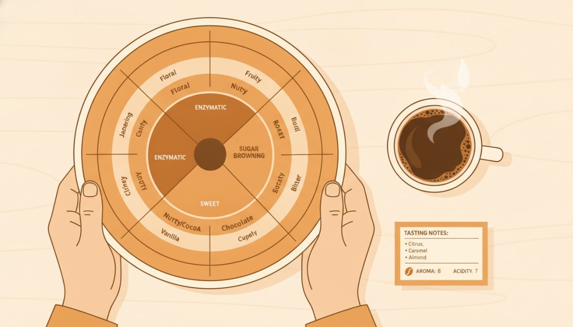 Close-up of hands holding a printed coffee flavor wheel next to a freshly brewed cup of coffee with visible crema, on a wooden table with tasting notes written on paper