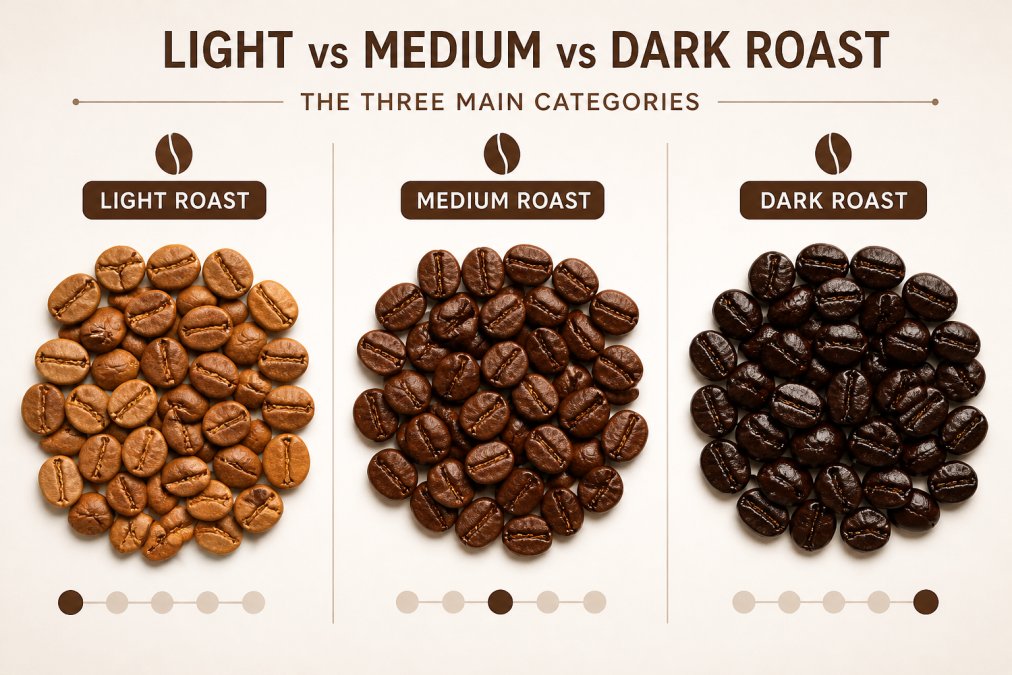 Close-up of three coffee bean samples displayed side by side on a neutral white surface, showing progression from tan/light brown (left) through medium chocolate brown (center) to dark/nearly black (right) beans, with natural window lighting highlighting surface texture and subtle color differences