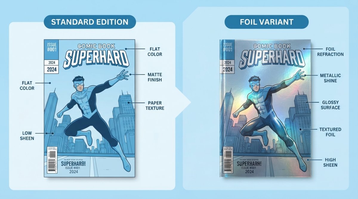 Close-up of comic book covers showing side-by-side comparison of standard and foil variants under natural light, with visible texture and shine differences clearly visible on the glossy foil surface
