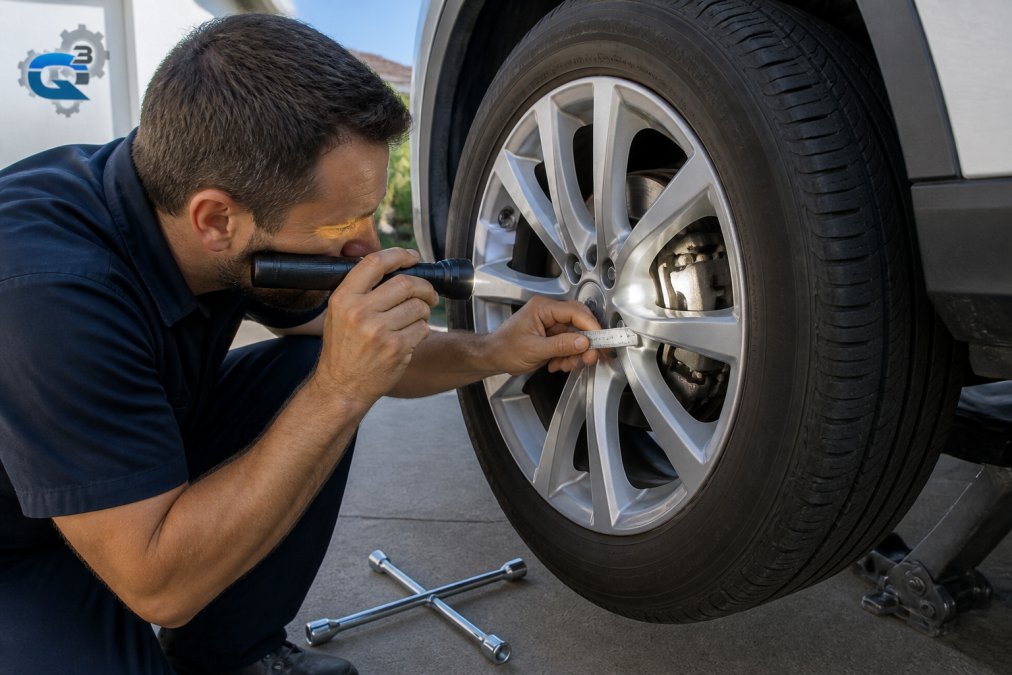 Person using a flashlight and ruler to inspect brake pad thickness to prevent car brake issues at home