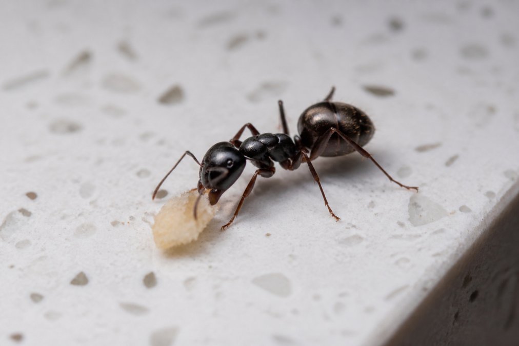 Close-up macro photograph of a single carpenter ant on a white kitchen countertop next to a crumb, showing its large black body, narrow waist, and bent antennae in sharp focus