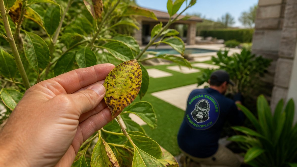 Infographic showing how to identify common tree diseases in your yard by examining leaf spots and discoloration.