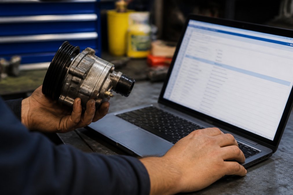 Mechanic's hands holding a car part while checking part number against a laptop screen showing fitment information