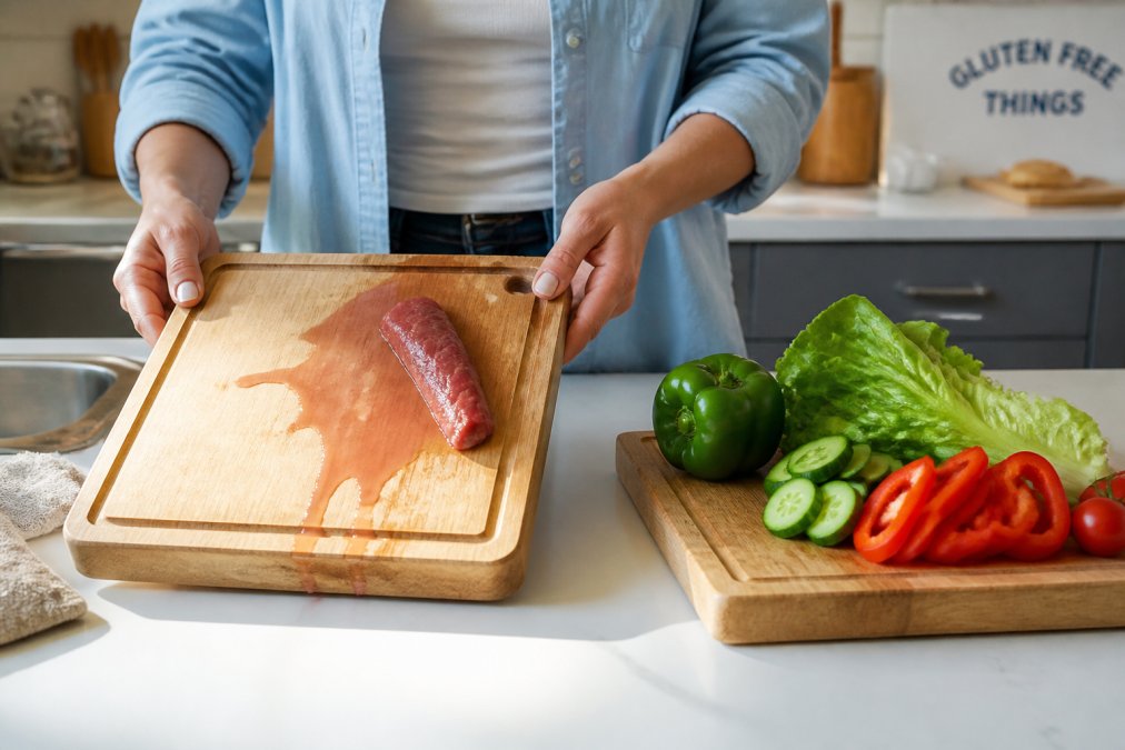 A home cook's hands demonstrating how to identify cross contamination between raw meat juices and fresh vegetables.