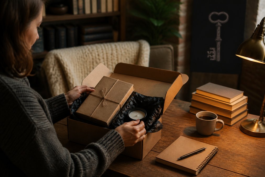 A shopper at a wooden desk unboxing a wrapped book and a small candle, notebook and pen beside them, warm lamp light, cozy reading nook in the background