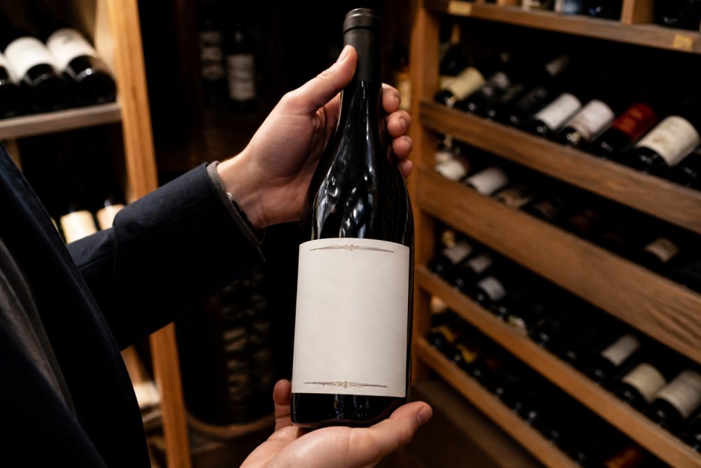 Close-up of hands holding a bottle of red wine with a Portuguese label facing the camera, set against the wooden shelves of a dimly lit wine cellar