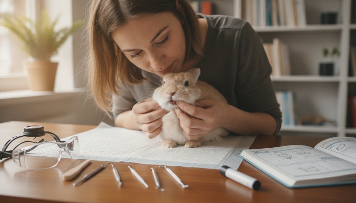 A rabbit owner gently examining the mouth and teeth of a small white rabbit on a clean white examination surface in a bright home setting, looking closely at the incisors under a desk lamp
